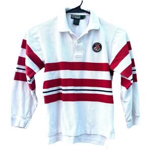 VTG 1990’s Polo Ralph Lauren Boys Rugby Shirt White Red Stripe Sz S Long Sleeve